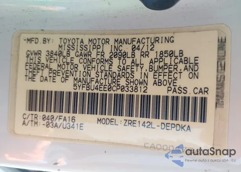 2012 Toyota Corolla L z USA, uszkodzony, nr VIN 5YFBU4EE0CP033812